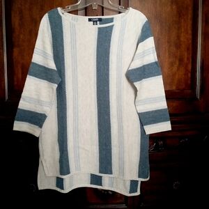 Chaps RL Cotton High Low Boatneck Blue Striped Relaxed Fit 3/4 Sleeve Sweater